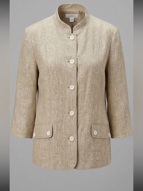 Dress Barn Linen Blend Jacket 16W Tan Neutral 3/4 Sleeve Lightweight Blazer